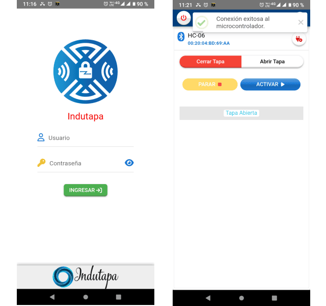 Pantallas software APP Indutapa para apertura de las tapas de alcantarillado con seguridad